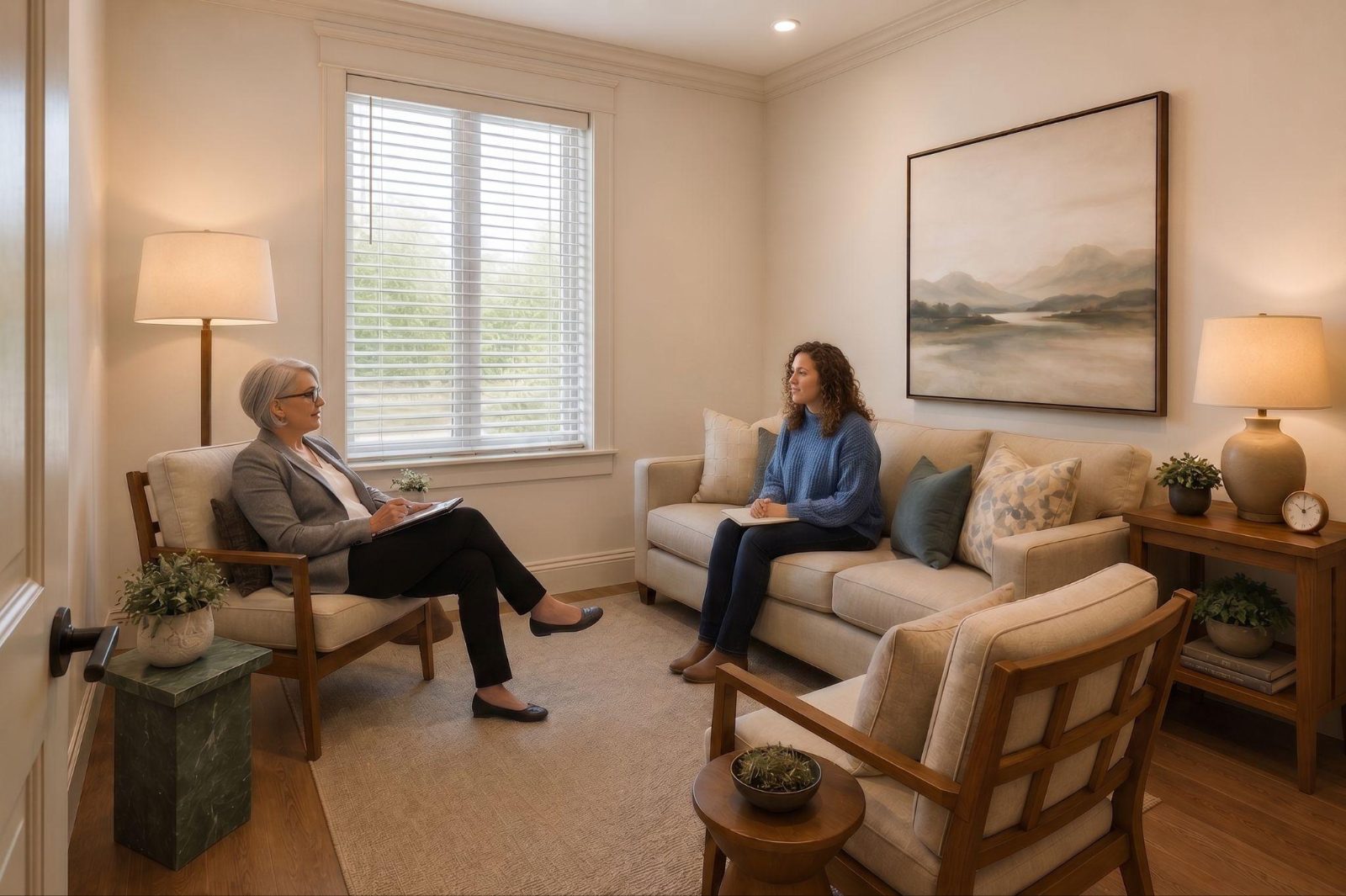 A provider and client in conversation in an Aluxor behavioral health room