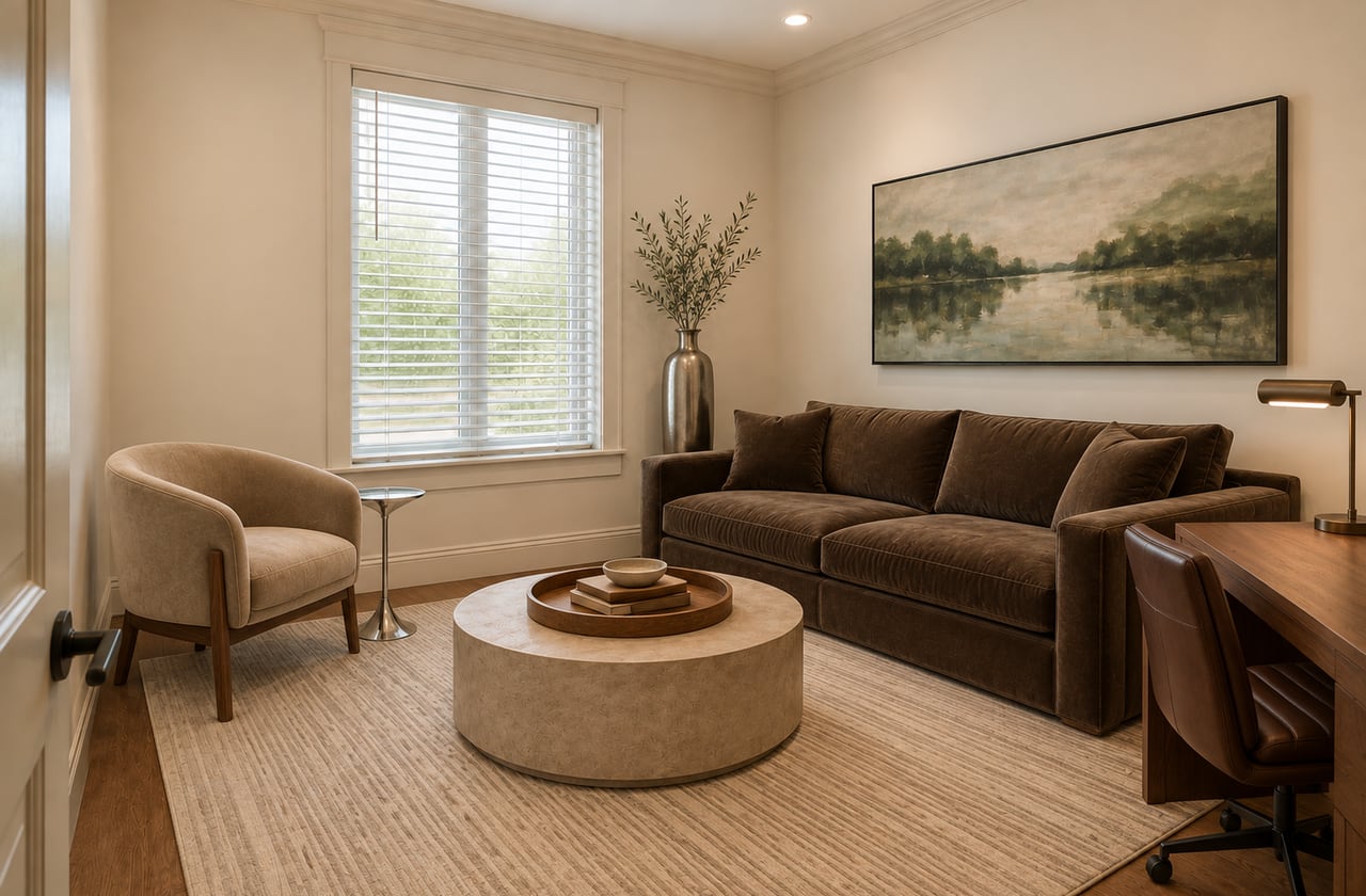 A behavioral health room with soft seating and natural light
