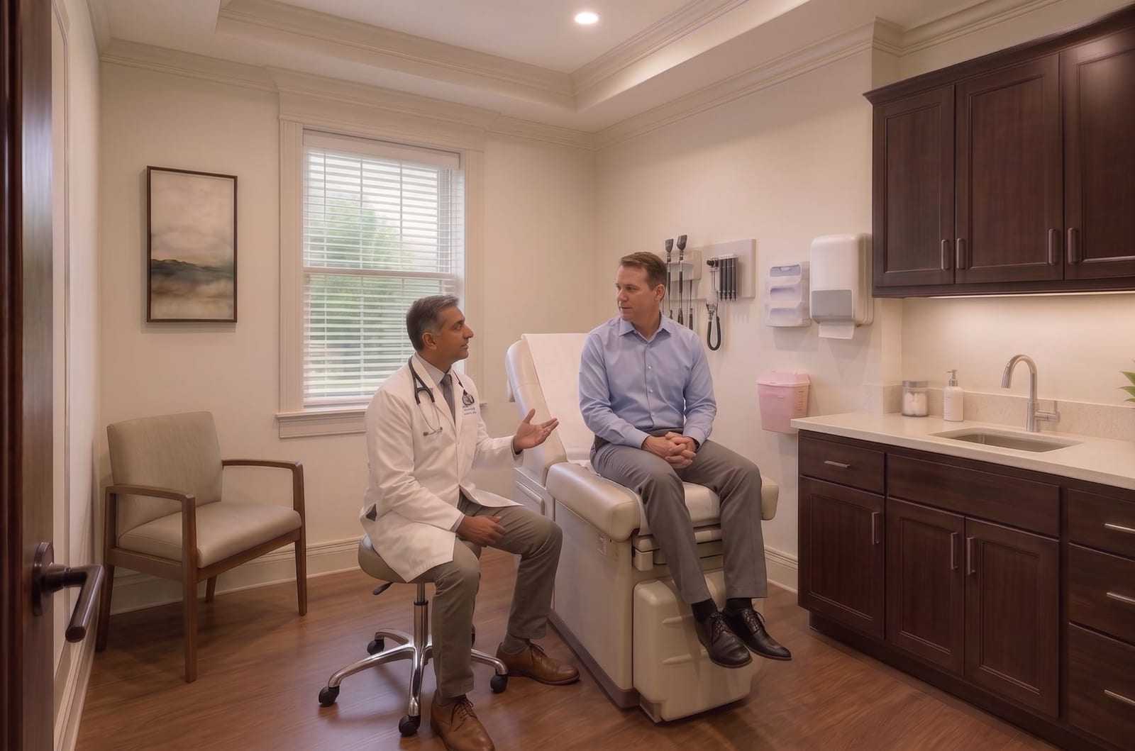 A seated provider in conversation with a patient in an Aluxor clinical exam room