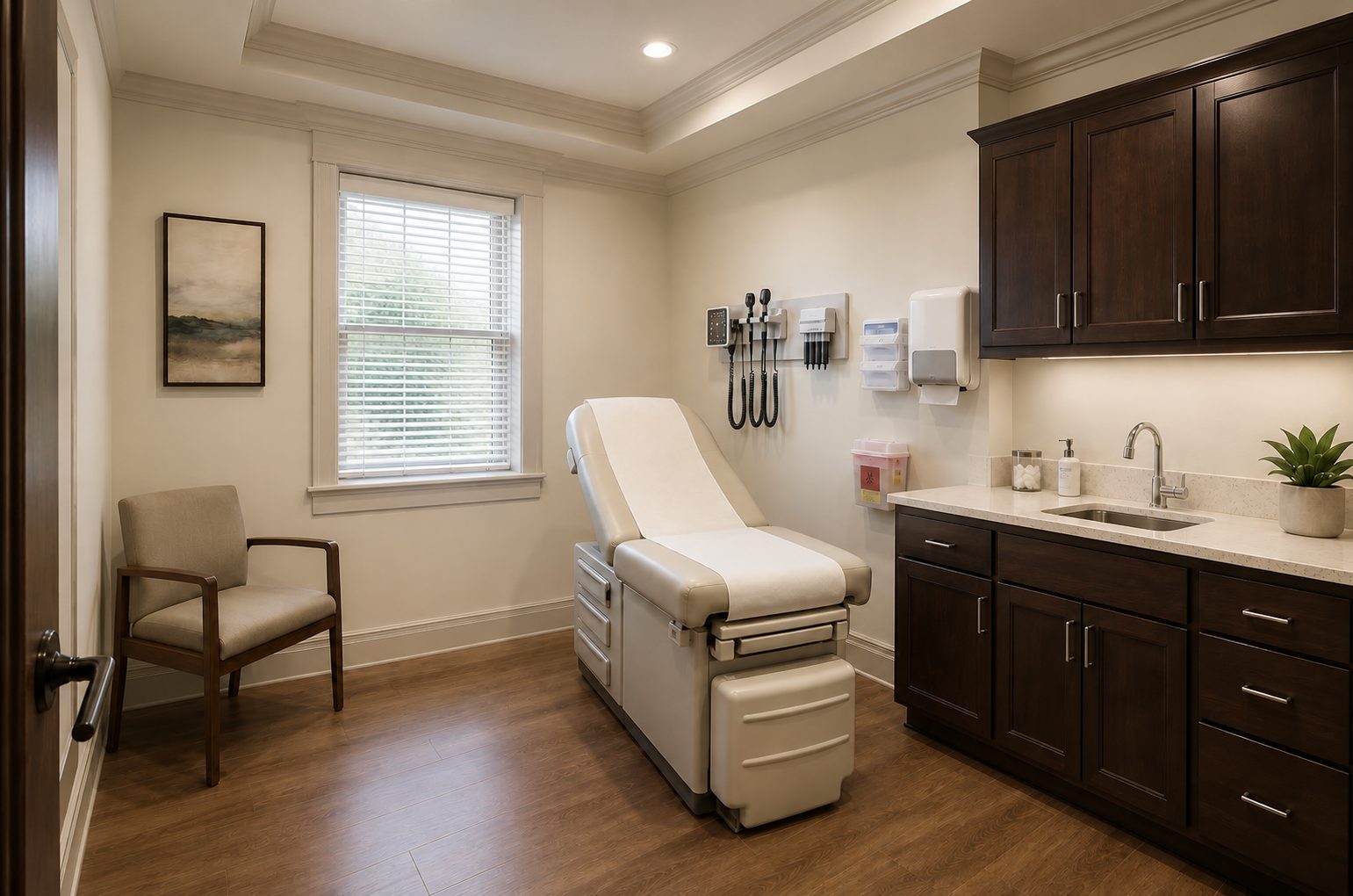 A clinical exam room with exam table, sink and cabinetry