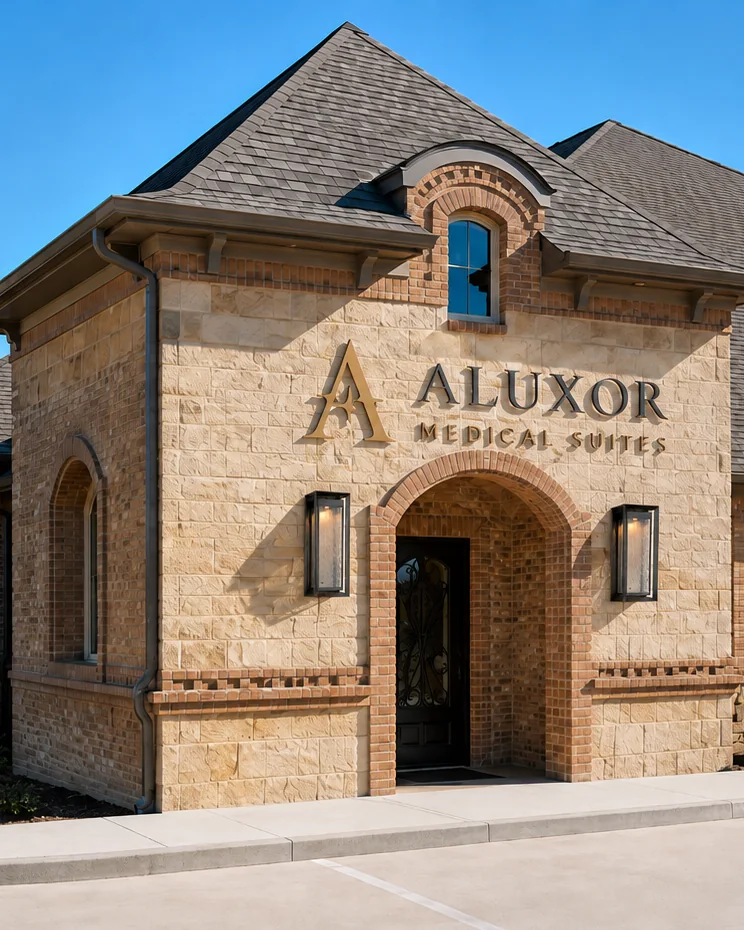 Exterior rendering of the planned Aluxor Medical Suites in Southlake, TX, showing the stone entrance arch and signage